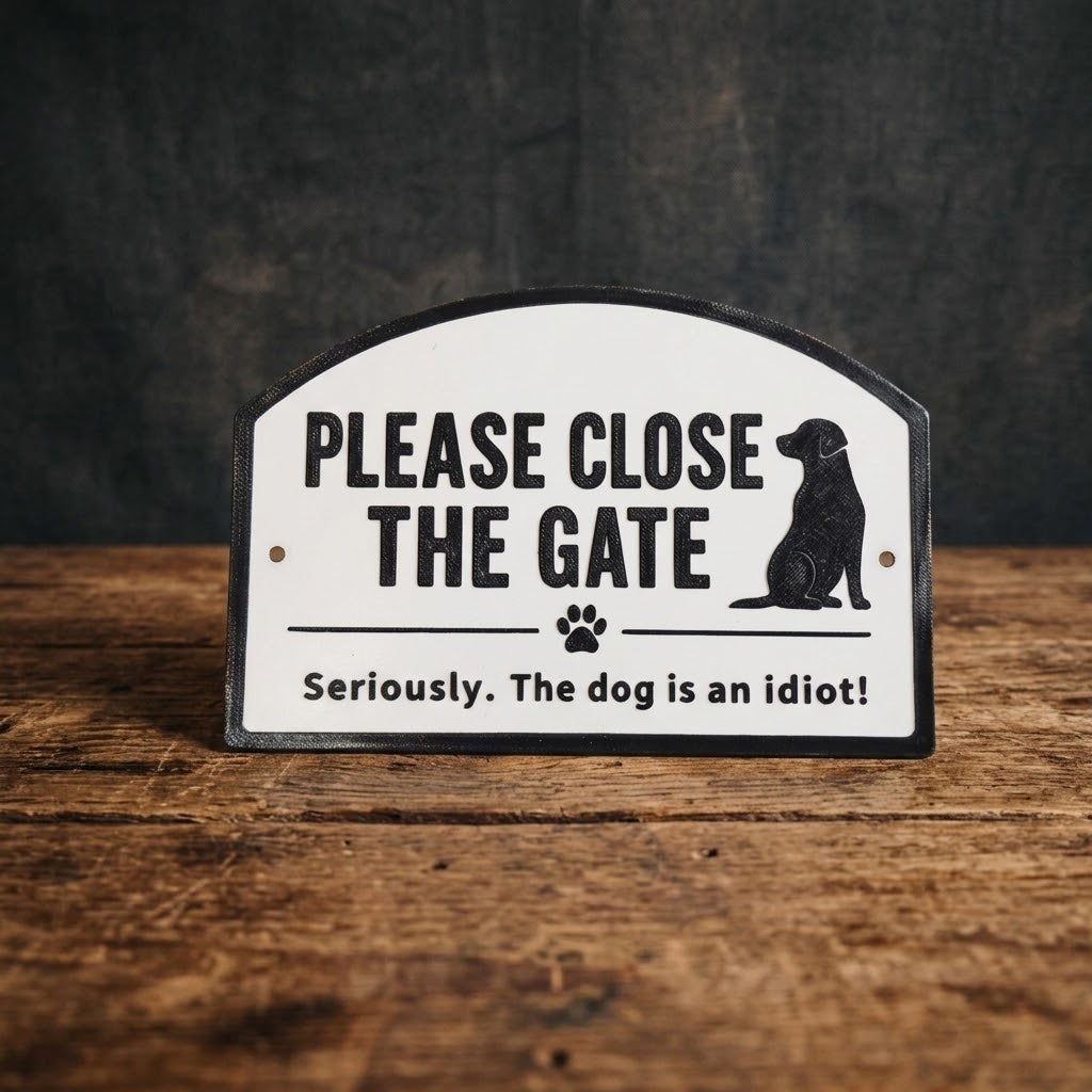 Funny Dog Gate Sign – Arch Plaque, Custom Saying, Weather-Resistant PETG